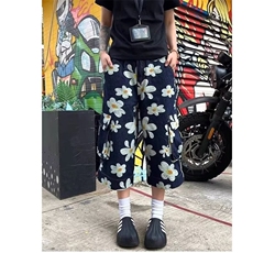 美式复古邹菊印花工装牛仔七分裤女夏季街头设计感阔腿五分裤短裤，男装牛仔裤，星座506A