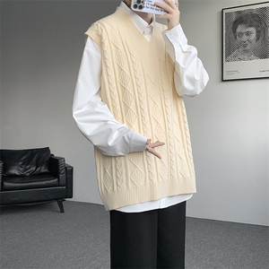 韩系叠穿复古麻花针织衫马甲男学院风早秋穿搭上衣服背心9097P58图片