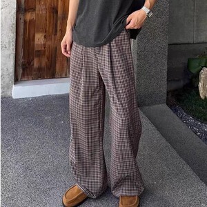 阔腿裤男女直筒长裤子秋冬新款松紧腰百搭休闲裤显瘦薄款格子裤,芭比裤搭配大款图片