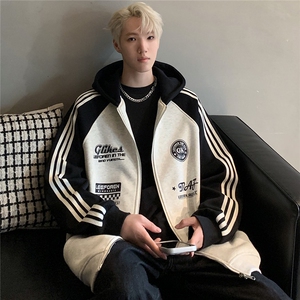 360克重磅条纹开衫卫衣男春秋季拼色复古休闲连帽外套JK109-P78图片