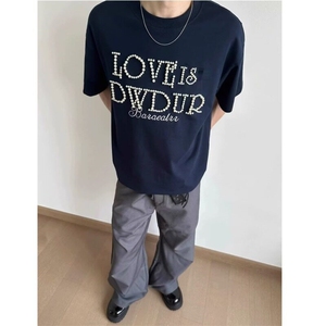 美式复古设计立体珍珠字母短袖T恤男女夏季潮牌高级圆领百搭图片