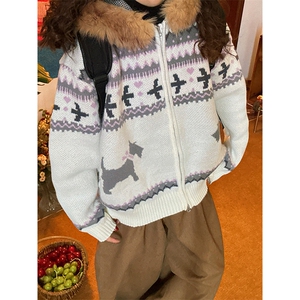 重磅北极绒座山雕毛衣外套冬美式复古休闲慵懒风大毛毛领针织开衫图片