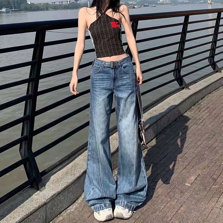 秋冬新款美式复古拼接微喇叭牛仔裤女显瘦设计感腰带马蹄阔腿裤子,男装牛仔裤,星座218-8