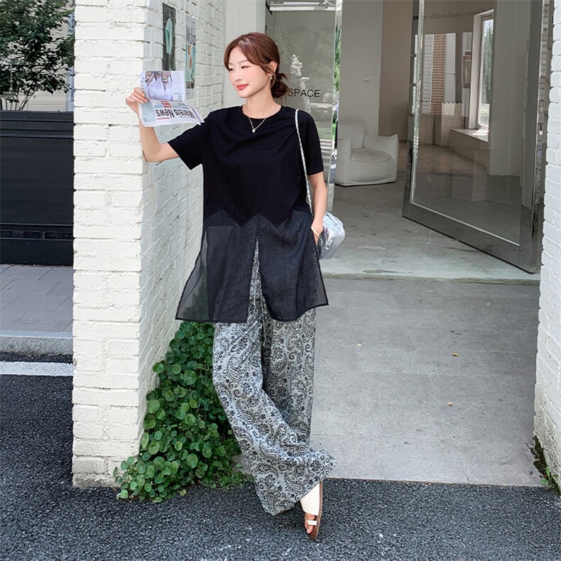 黑色网纱上衣印花阔腿裤淡人套装女2025夏季老钱风减龄百搭两件套，女装套装/套裙，2C277