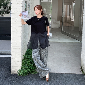 黑色网纱上衣印花阔腿裤淡人套装女2025夏季老钱风减龄百搭两件套图片
