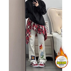 抖音得物高品质秋冬季重磅花卉刺绣潮流运动宽松加绒直筒休闲卫裤，男装休闲裤，电商A486-1