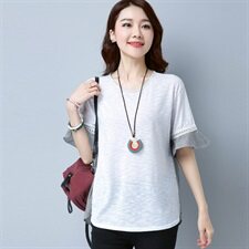 新款韩国版型木耳边短袖蕾丝纯棉撞色条纹T恤930款，女装T恤，秋牧寒烟