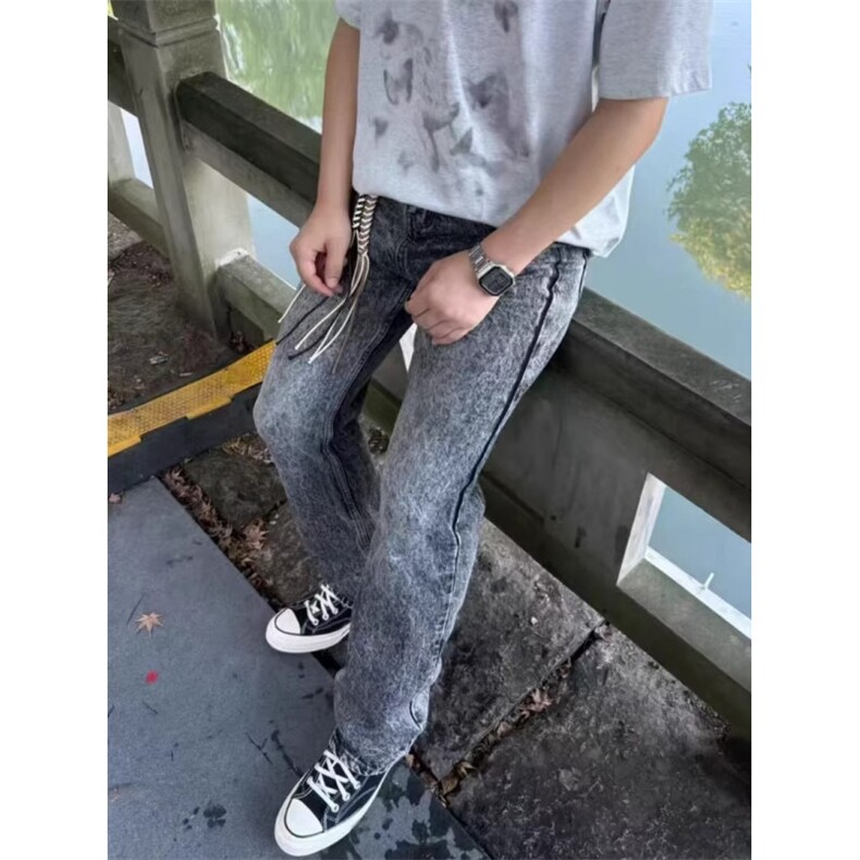 网红高街复古雪花大理石纹517牛仔裤男女春秋微喇休闲长裤子,男装牛仔裤,星座506A