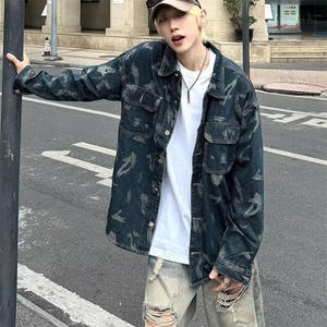 美式复古提花工装长袖牛仔衬衫潮牌新款宽松痞帅休闲时尚夹克外套图片