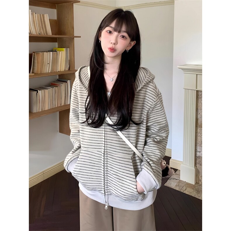 网图条纹连帽拉链外套男2026新款设计感宽松美式开衫卫衣特P68,女装短外套,电商C306-1