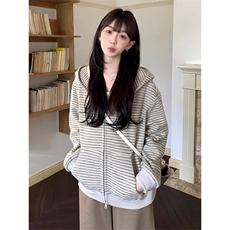 网图条纹连帽拉链外套男2026新款设计感宽松美式开衫卫衣特P68，女装短外套，电商C306-1