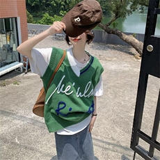 美式线条字母针织马甲女2025春秋季新款宽松韩版外穿马夹无袖上衣，男装背心/马甲，星座1210-1