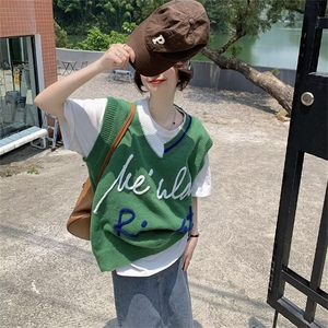 美式线条字母针织马甲女2025春秋季新款宽松韩版外穿马夹无袖上衣图片