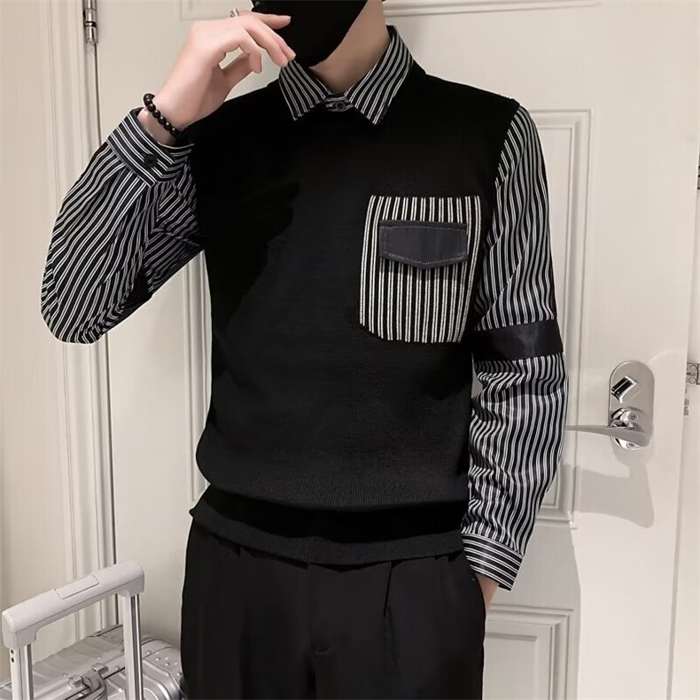 假两件毛衣男士条纹衬衫领打底口袋设计针织衫秋冬季男线衣Q141,男装针织衫/毛衣,星座1116A-2（原606A-1）