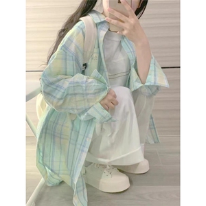 曼波风薄荷绿格子衬衫外套女春秋薄款小个子宽松chic防晒衬衣开衫图片
