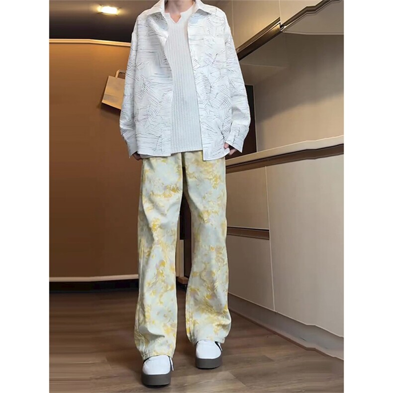 1506-1/KK11001/P40黄色满印提花牛仔裤男款春秋美式高街裤子百搭,男装牛仔裤,星座1506-1
