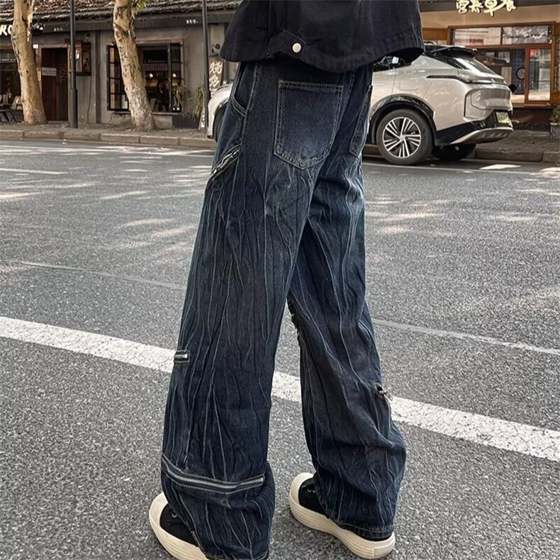 牛仔裤男春秋美式高街痞帅炸街水洗扎染拉链宽松直筒微喇裤子1113,男装牛仔裤,星座506