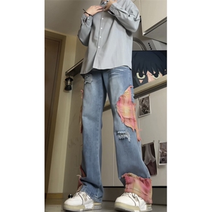 美式高街拼接显高牛仔裤男女微喇叭裤印花拼接休闲长裤GJ379 P60图片