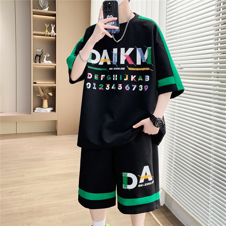 休闲运动套装夏季宽松阔版青少年学生短袖短裤一套A436-T69-P50,男装休闲套装,电商A436