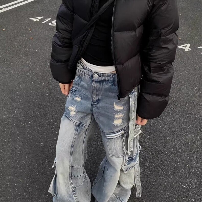 美式高街重工水洗多口袋磨破解构微喇工装牛仔裤女宽松阔腿弯刀裤,男装牛仔裤,星座1210-1
