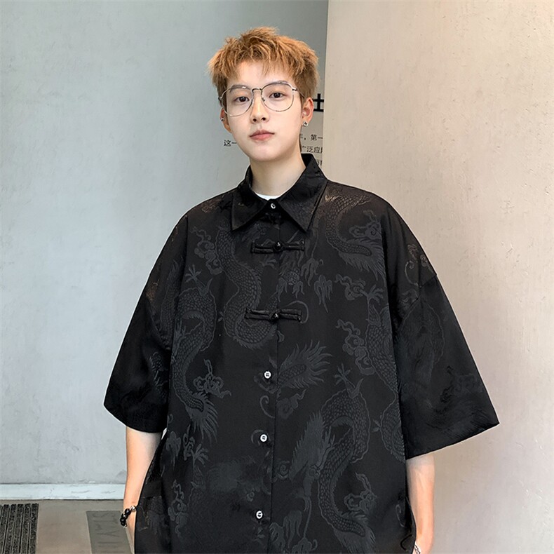 新中式冰丝提花衬衫短袖休闲港风上衣T恤XZ-907-TP35-控48，男装T恤，星座907