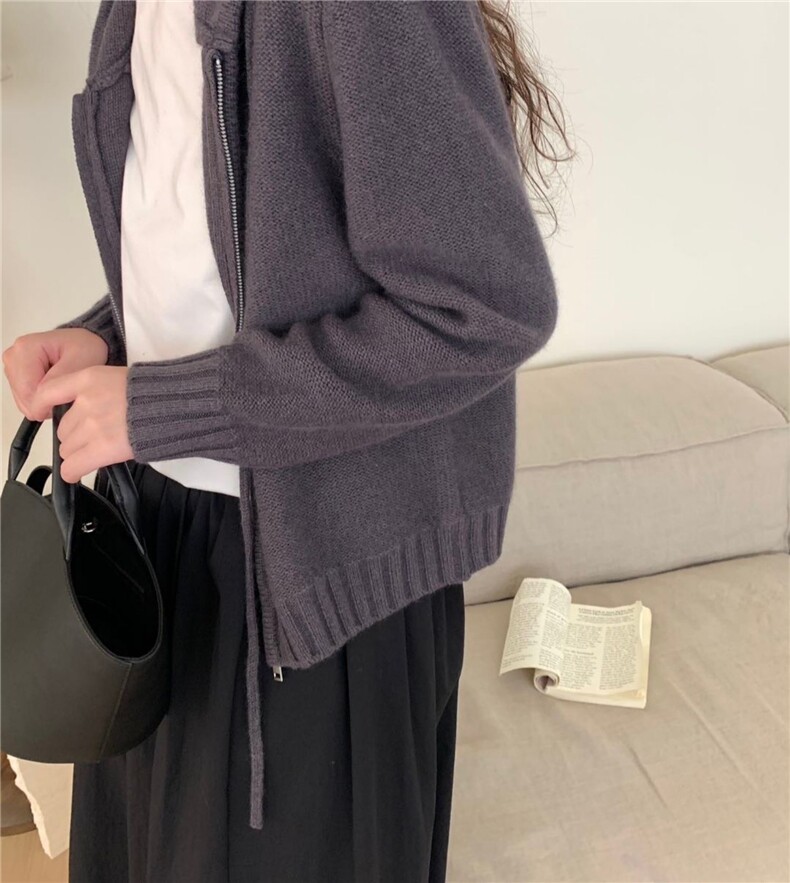 秋冬新款时尚百搭潮流双股帽绳针织开衫优雅显瘦羊毛衫,女装羊毛衫,梵泰羊绒