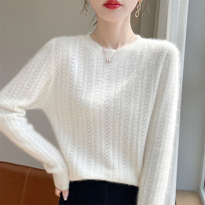时尚百搭女士羊毛衫人字圆领镂空花纹设计羊毛保暖舒适，女装羊毛衫，犀桦羊绒