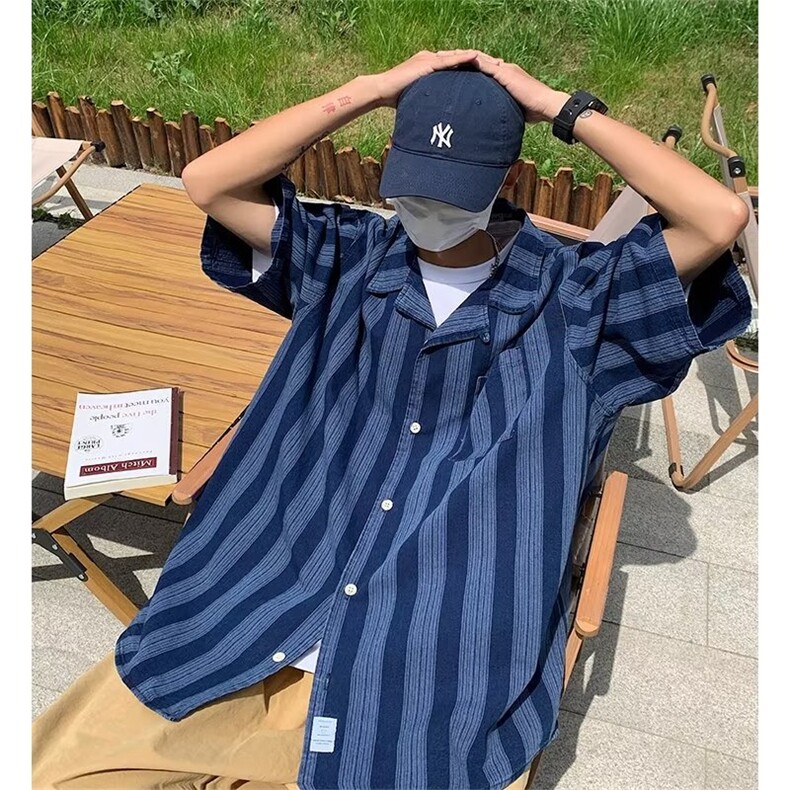 标准气质潮五分袖时尚简约青春流行新款条纹牛仔衬衫JQC03P60图片