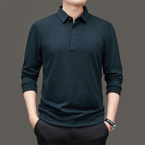 翻领POLO衫男士春秋季2023新款中年纯色长袖T恤爸爸秋装上衣服图片