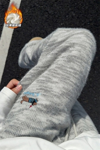 腊肠狗刺绣银狐绒糯米裤男秋季美式潮牌直筒阔腿裤情侣保暖长裤子图片