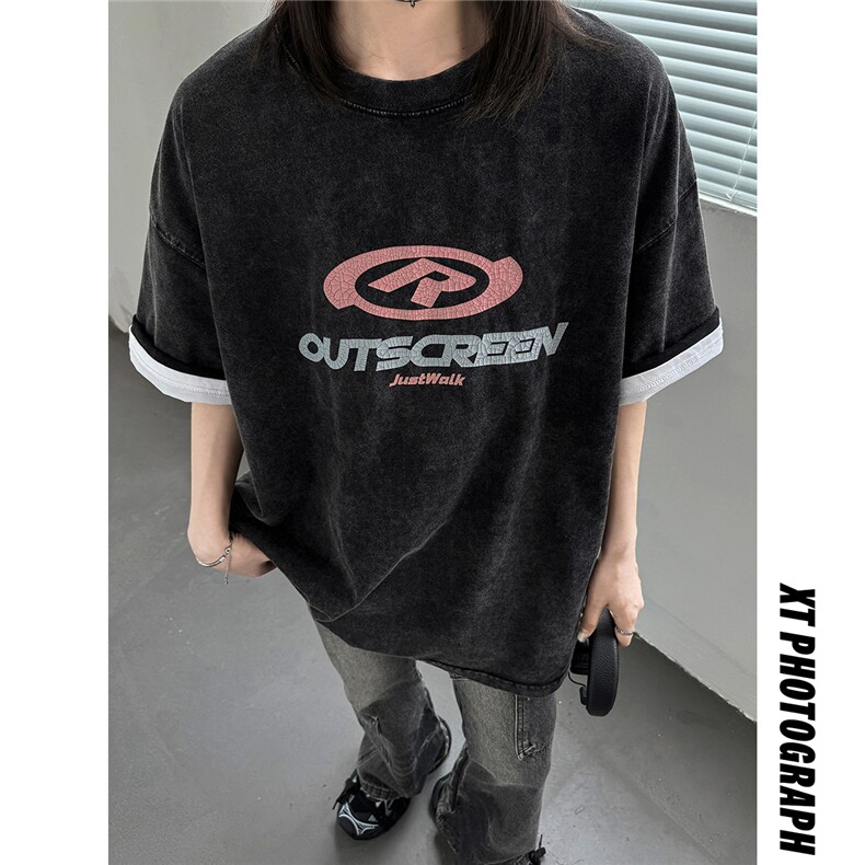 夏季260克美式复古做旧情侣印花短袖T恤中性上衣男女潮D346P38,男装T恤,电商A335-1（原A458）