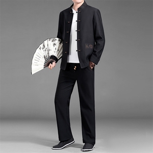 秋季中年男士唐装长袖套装爸爸风衣服中老年休闲汉服男装图片