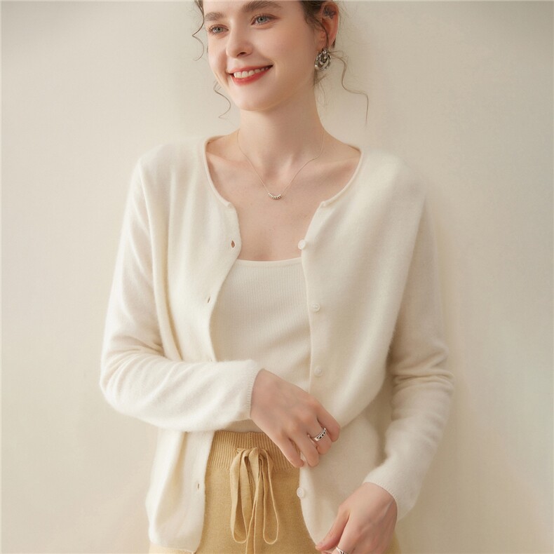 极简推荐圆领山羊绒开衫女纯色羊毛针织外套短款宽松百搭外搭毛衣，女装羊绒衫，暖凌绒