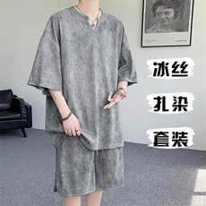 特批P48无差价夏季纹理感v领扎染男短袖短裤两件套T5398+DK5998，男装休闲套装，电商A001