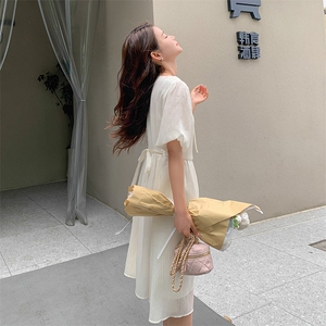 夏季新款上新！气质温柔风纯色中长款连衣裙女图片