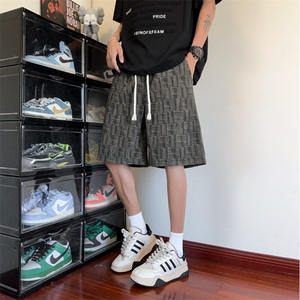 格纹灯芯绒宽松五分短裤男夏季美式复古潮牌直筒百搭休闲痞帅裤子图片