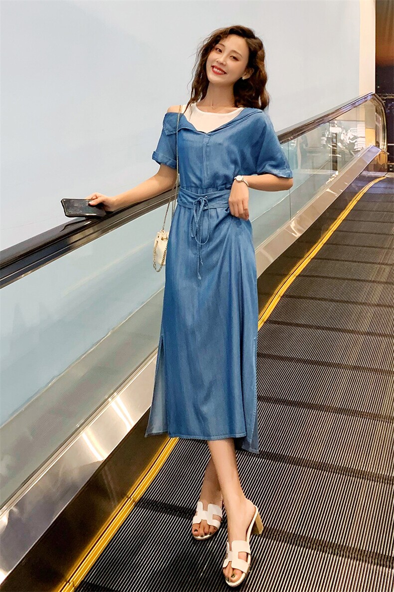 2020年夏季时尚潮流个性简约纯色圆领高腰A字裙拼接,女装连衣裙,曼娅璐