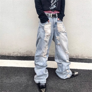 破洞牛仔裤乞丐裤春秋季宽松显瘦直筒低腰水洗做旧阔腿长裤图片