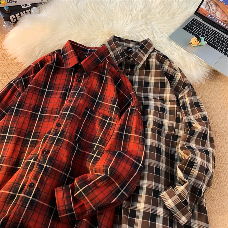 港风休闲时尚潮格子衬衫长袖衬衫衬衣228-1-1158-P45，男装衬衫，星座228-1