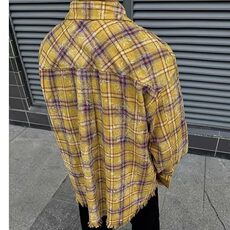 美式复古黄色格子花纹破边长袖衬衫男款潮流宽松休闲百搭情侣衬衣，男装衬衫，星座506A