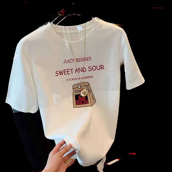 2024新款夏季宽松打底衫纯棉卡通印花t恤女上衣夏天白色短袖,女装T恤,初闻兮