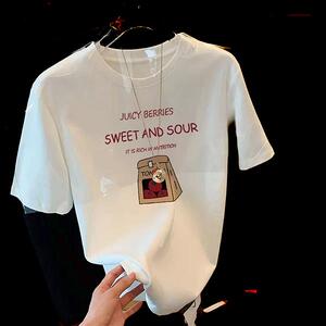 2024新款夏季宽松打底衫纯棉卡通印花t恤女上衣夏天白色短袖图片