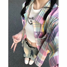 D5231-P38潮彩色格子衬衫男女百搭宽松潮牌夏季半袖-网图现货，男装衬衫，星座603-2