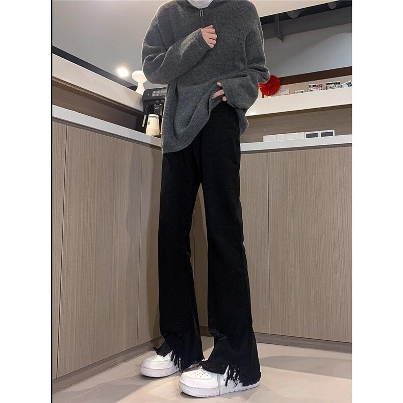 纯黑色微喇牛仔裤毛边破洞修身裤子男痞帅直筒休闲裤HC448 P34图片