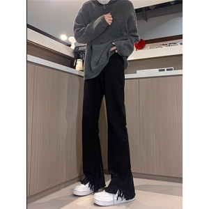纯黑色微喇牛仔裤毛边破洞修身裤子男痞帅直筒休闲裤HC448P34