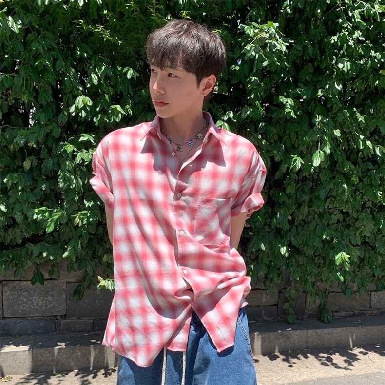 美式格纹短袖衬衫男女夏季潮牌宽松衬衣休闲情侣防晒外套927P45，男装防晒衣，星座710