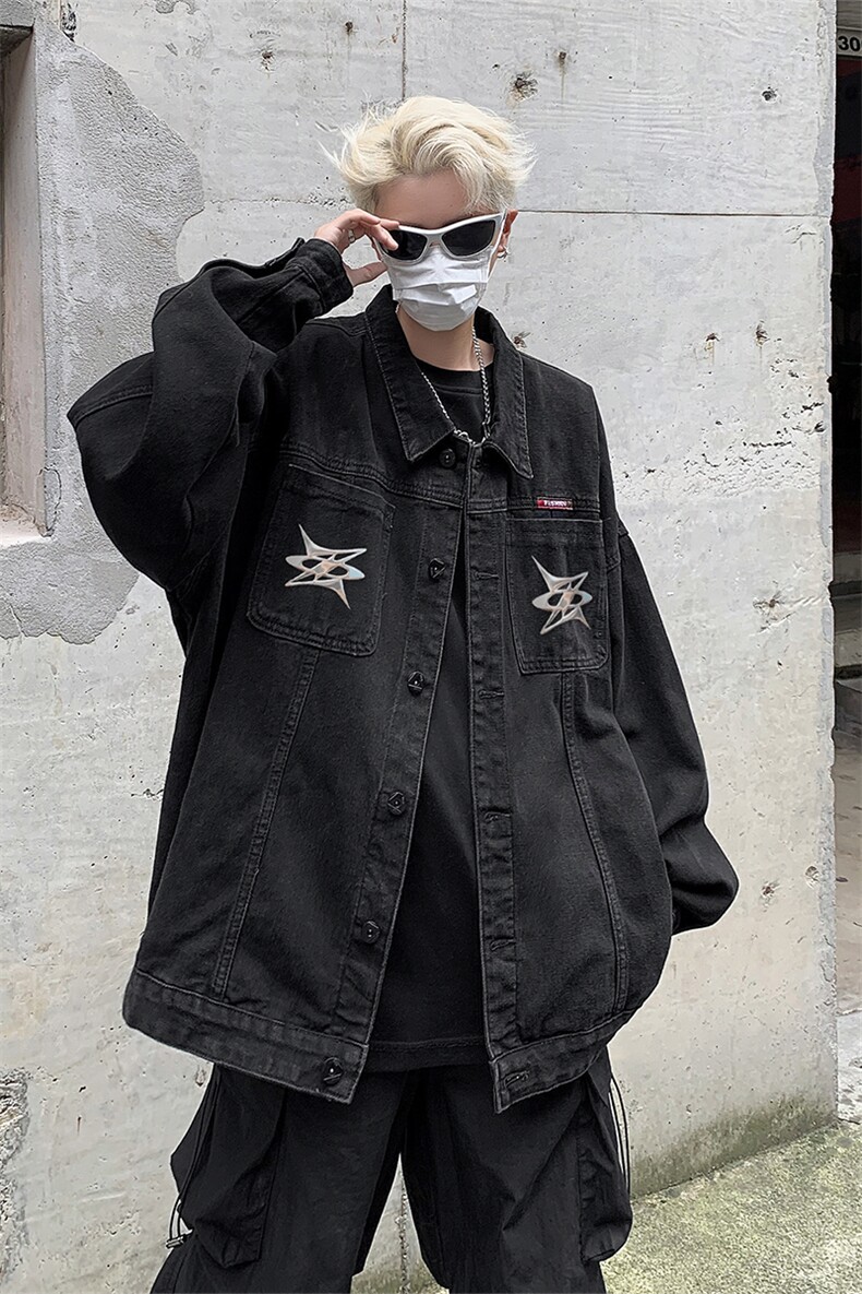 男装牛仔外套2026秋几何图案印花男生翻领夹克XZ514-2-N105-P88,男装工装外套,星座514-2(原B239)
