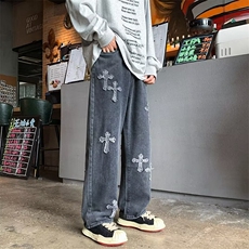 美式复古宽松直筒裤潮拖地裤子秋季刺绣十字架牛仔裤男K4881-P42，男装牛仔裤，星座512-2