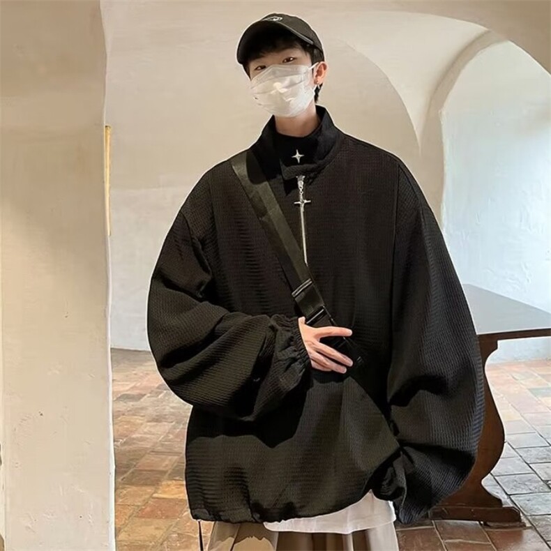 676-P38华夫格立领半拉链卫衣男ins小众设计感金属拉链宽松套头,男装T恤,电商B323A