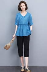 短袖套装女夏设计感2022新款妈妈遮肚子百搭七分裤时尚棉麻两件套，女装套装/套裙，涵誉